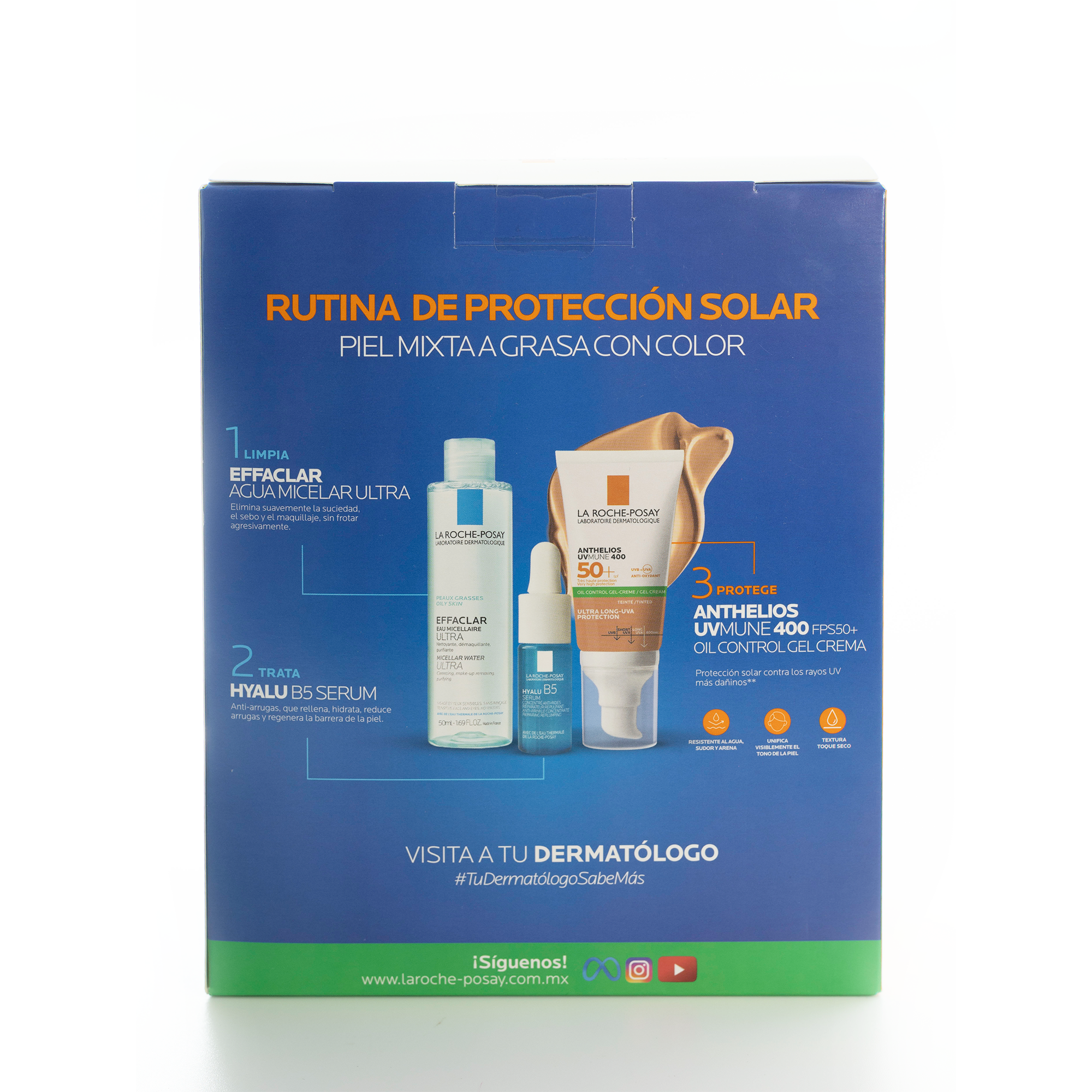 LA ROCHE-POSAY KIT ANTHELIOS UVMUNE GEL-CREMA CON COLOR + AGUA MICELAR 50 ML + HYALU B5 SERUM 10 ML